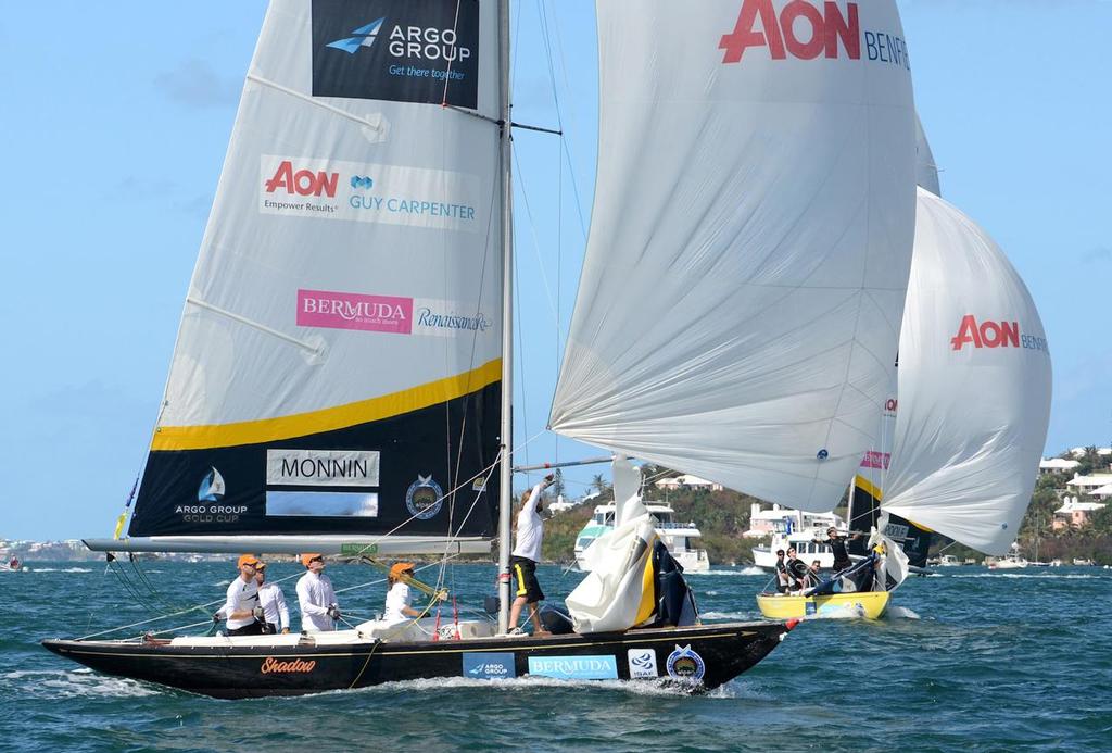 Eric Monnin defeated Chris Poole in racing in the final flights of the Qualifying Round Robin at the 2014 Argo Group Gold Cup, Stage 6 of the Alpari World Match Racing Tour. © Talbot Wilson
